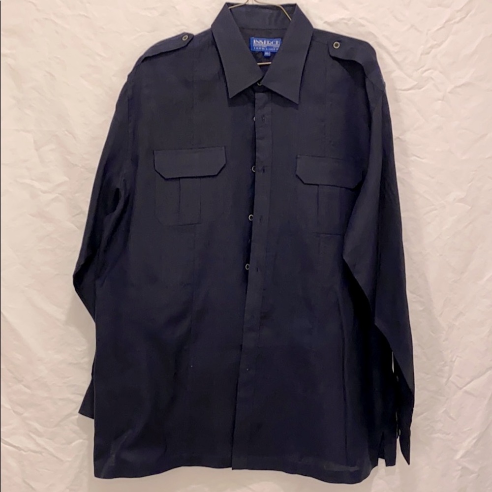 Blue Linen Military-like Long Sleeve Shirt